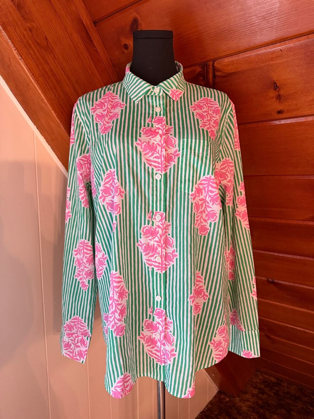 NWT J. Crew Lightweight Cotton Shirt Green & White Stripe w/ Pink Floral sz XL